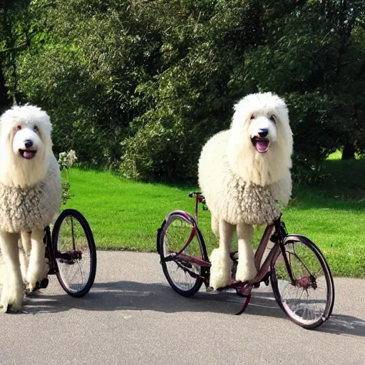 Prompt: two old english sheep dogs on a tandem bicycle