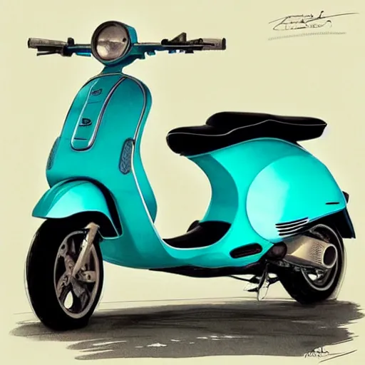 Image similar to a turquoise vespa moped, ultra realistic, concept art, intricate details, highly detailed, photorealistic, pencil and watercolor, art by artgerm and greg rutkowski