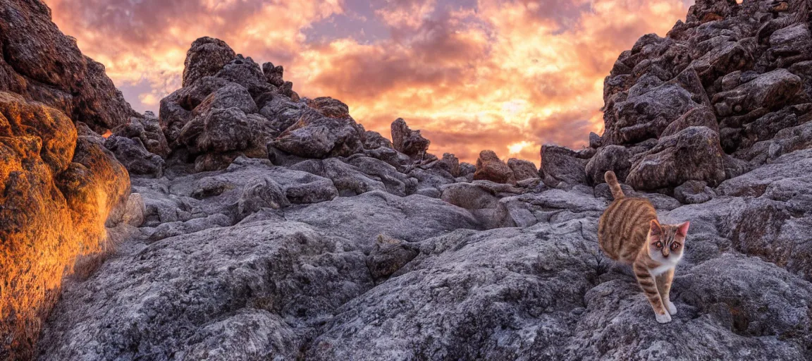 Image similar to a singular cat walking through rocks in a moutainous terrain at sunset, snow, cute, godrays, complementary colors, calm, relaxing, beautiful landscape, highly detailed, high quality, 4k HDR, natural lighting, close view, path tracing, orange palette, anatomically correct, hyperrealistic, low contrast