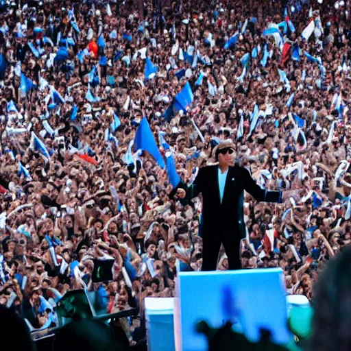 Image similar to Lady Gaga as president, Argentina presidential rally, Argentine flags behind, bokeh, giving a speech, detailed face, Argentina