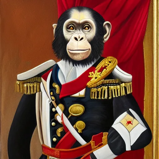 Image similar to An exquisite modern painting of a chimpanzee dressed like a bearded Napoleon with correct military uniform, no frames