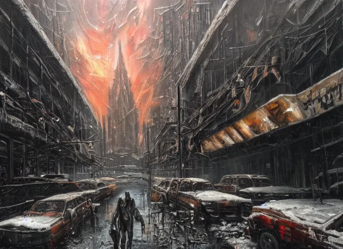 Prompt: An apocalyptic cyberpunk horror, dramatic, cinematic, oil painting, snow, neo-gothic