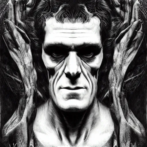 Image similar to An intricate detailed complex pencil drawing of frankenstein, dead eyes , contrast atmosphere, majestic, symmetrical face, artgerm, Dark mist, portrait, detailed monochrome, featured on artstation hd, detalied complex of monster illustration, character design art, border and embellishments dslr, hyperreal by Alphonse Mucha