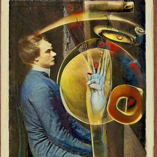 Image similar to A collage. A rip in spacetime. Did this device in his hand open a portal to another dimension or reality?! Pexels by Simeon Solomon, by Kurt Schwitters calm