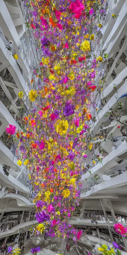 Prompt: photorealistic photo of an enormous cocoon hanging in the guggenheim museum atrium covered with colorful flowers and biomorphic forms, dynamic lighting, concept art