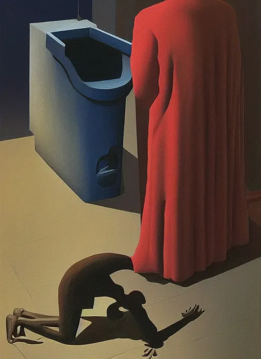 Image similar to magician with a tras over his head praying to a statue of a trash bin Edward Hopper and James Gilleard, Zdzislaw Beksinski highly detailed