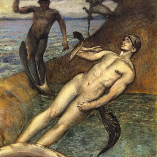 Image similar to male merlock holmes mermaid with a big mermaid tail sitting at the bottom of the sea under water in the style of jules bastien - lepage