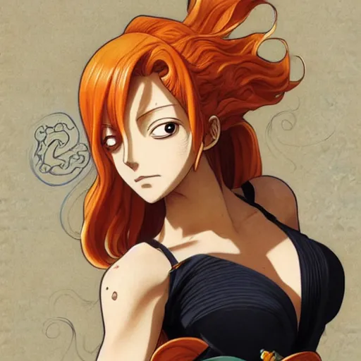 Image similar to intricately detailed vfx portrait of nami from one piece by eiichiro oda, makoto shinkai, alphonse mucha, art by artgerm and greg rutkowski, best of behance, concept art, matte, sharp focus, orange hair, elegant, adolphe bouguereau, annie leibovitz, stanley kubrick, thick outlines,