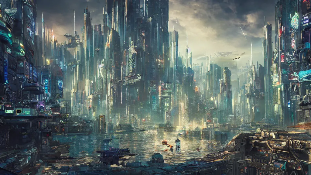 Prompt: epic grandiose cyberpunk city built underwater, fantasy, futuristic,, hyperrealistic, highly detailed, 4 k hd