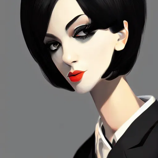 Image similar to slim mafia girl in tuxedo with black bob hair, elegant, 2d, ultra highly detailed, digital painting, smooth, sharp focus, artstation, art by Ilya Kuvshinov