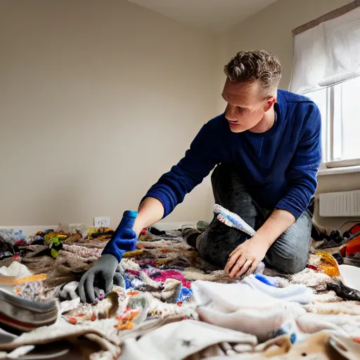 Prompt: photo of jordan peterson cleaning his messy room, 55mm photography, f/1.3