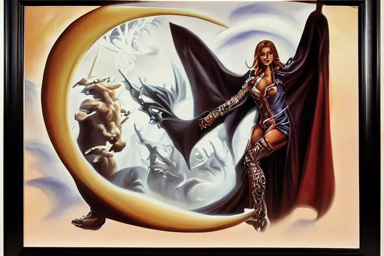 Image similar to vampire spellcaster sealer of the roll, art by boris vallejo, trending on artstation, moon light product view in the silver hour, realism, framed by gather, magic realism, realism