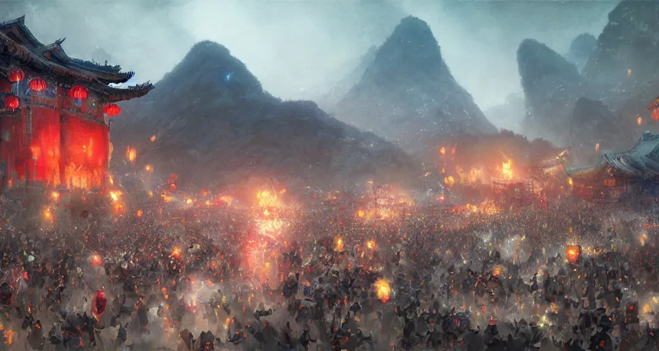 Image similar to craig mullins and ghibli digital art of zhongyuan festival in china ， lanterns ， unreal hell door with fire in the sky, black night sky, stars, below is the crowd, rivers, villages ， unreal engine, hyper realism, realistic shading, cinematic composition, realistic render, octane render, detailed textures, photorealistic, wide shot