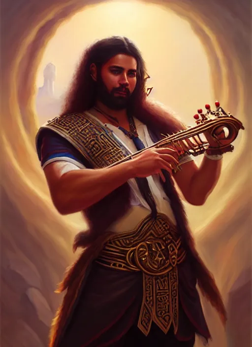 Prompt: a _ fantasy _ style _ portrait _ painting _ of islander male charismatic bard playing instrument, rpg dnd oil _ painting _ unreal _ 5 _ daz. _ rpg _ portrait _ extremely _ detailed _ artgerm _ greg _ rutkowski _ greg