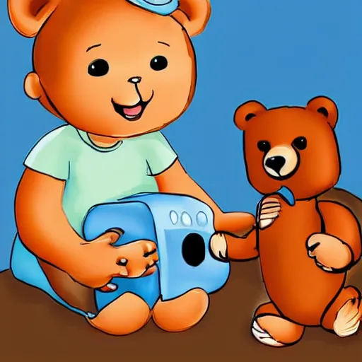 Image similar to a real bear playing with a doll's toy.. cartoon. digital art. high quality. high fidelity. cute.