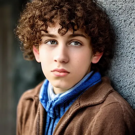 Image similar to “teen boy, brown curly hair, blue eyes, Italian heritage, portrait photo, 4K”