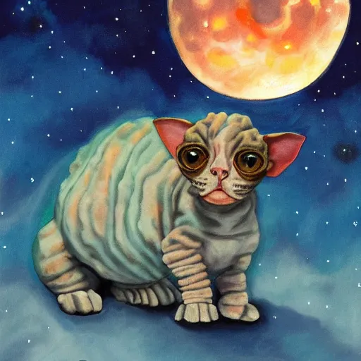 Image similar to painting of a devon rex, cornish rex tardigrade cat glowing in the moonlight looking curious