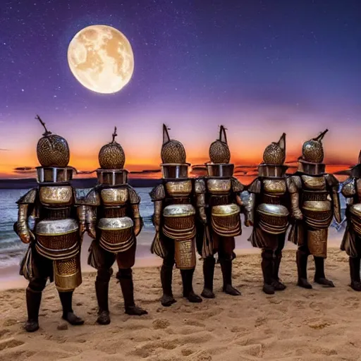 Image similar to A group of armoured Spanish conquistadors holding lanterns on a sandy beach Cove in middle of a magical forest in a dark night. Inca ruins in the background. Pale crescent moon in the sky. Award winning photography