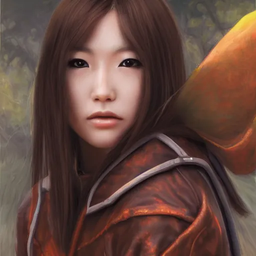 Image similar to perfect, realistic oil painting of close-up japanese young woman wearing leather jacket, in World of Warcraft