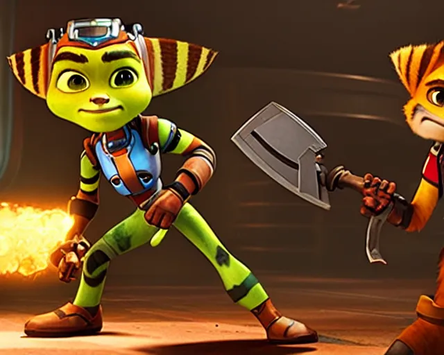 Image similar to film still of ratchet and clank with a hatchet in the new horror movie