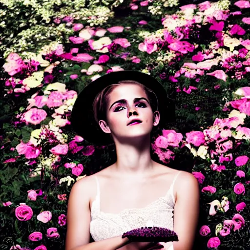 Prompt: on worn out canvas textured canvas wall full body fashion model emma watson smokey eyes makeup eye shadow fantasy, glow, shimmer as victorian woman in a long white frilly lace dress and a large white hat having tea in a sunroom filled with flowers, roses and lush fern flowers ,intricate, night, highly detailed, dramatic lighting , high quality