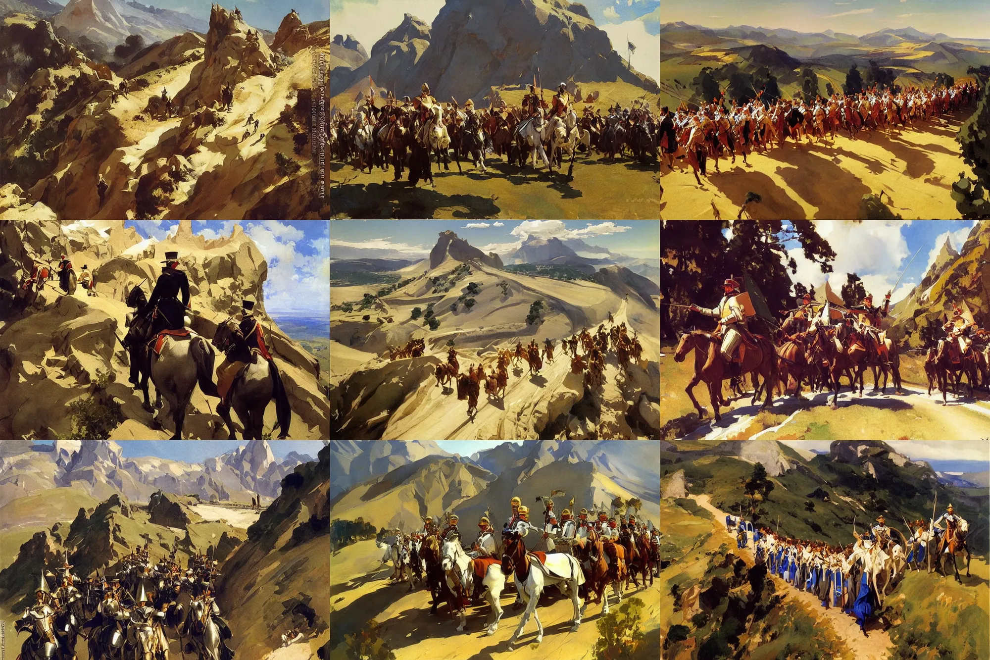 Prompt: painting by sargent and leyendecker and greg hildebrandt savrasov levitan aerial view of knights marching ascending mountain road, middle age, fantasy, castle