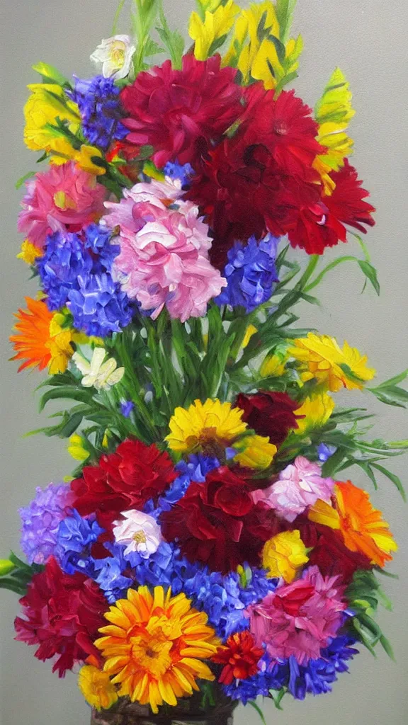 Image similar to oil painting letter M formed from a bouquet of flowers photorealistic