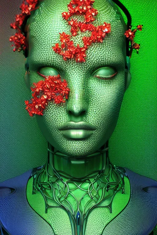 Image similar to a melancholic realistic 8k sculpture of a complex robotic human face, liquid metal simulation, bright psychedelic neon colors, dark dramatic lighting, hexagonal mesh wire, filigree intricate details, cinematic, fleshy, red blossoms, green ivy, elegant, 50mm lens, DOF, octane render, art nouveau, 8k post-processing, intricate art by greg rutkowski