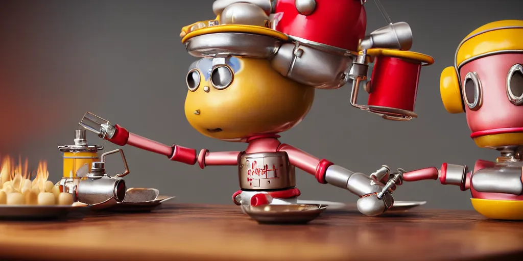 Image similar to closeup portrait of tin toy retro robot chef cooking pastry cake with chemicals flasks in a kitchen, depth of field, zeiss lens, detailed, centered, fashion photoshoot, by nicoletta ceccoli, mark ryden, lostfish, breathtaking, 8 k resolution, extremely detailed, beautiful, establishing shot, artistic, hyperrealistic, octane render