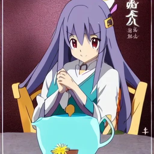 Image similar to Aqua from KonoSuba drinking tea, anime, visually stunning, 8k, intense detail, focused,