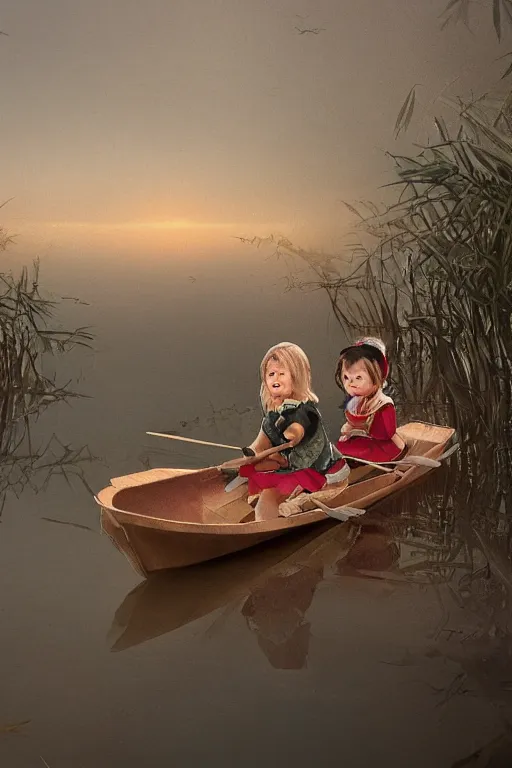 Prompt: two little girls sit in a small bamboo boat in a lake, with renaissance ambiance, moonlit night dreamy atmosphere, artstation, smooth, sharp details, 8K