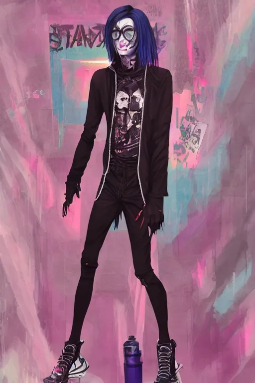 Image similar to a skinny goth guy standing in a cluttered 9 0 s bedroom, full body character concept art, vaporwave colors, digital painting, hd, ultra hd, detailed, award winning, small details, artgerm art, sabas apterus art,