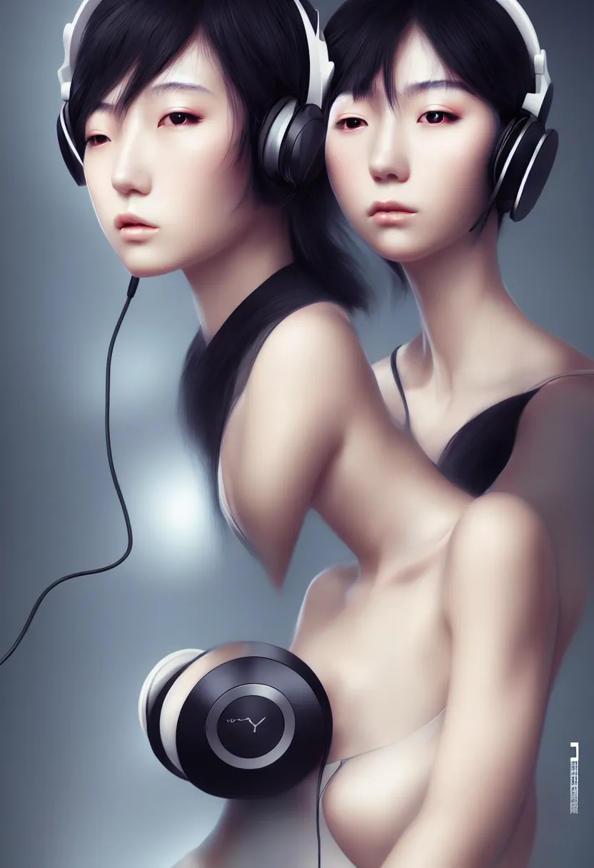 Prompt: japanese young woman waist up portrait, headphones listening to music, elegant as fashion editorial shot, highly detailed, smooth, sharp focus, dramatic lighting, volumetric lighting, cinematic lighting, art by artgerm and and wlop
