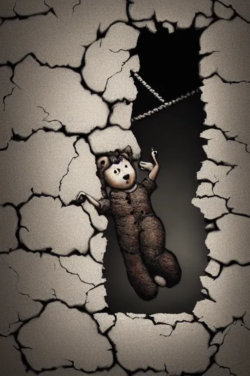 Image similar to giant crack hole on the brick concrete wall, child with dirty face watching from inside the crack reaching towards camera hand is holding a dirty ealistic teddybear. gloomy, intricate, elegant, highly detailed, digital painting, artstation, concept art, addiction, chains, smooth, sharp focus, illustration, art by ilja repin