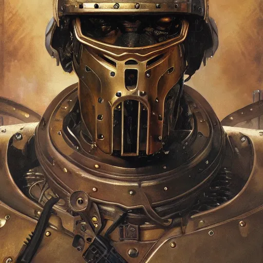 Prompt: the doomslayer as a steampunk knight, realistic closeup portrait art by norman rockwell and donato giancola and greg rutkowski, a - symmetrical