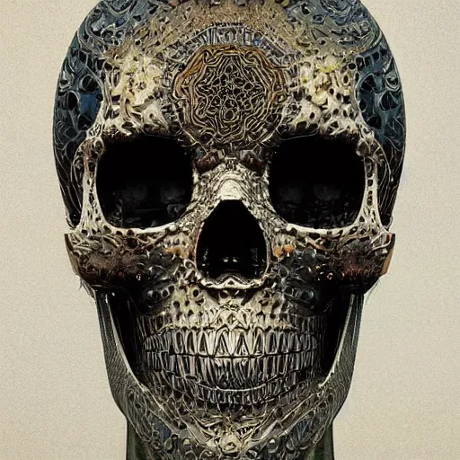 Image similar to portrait_of_glossy metalic skull with glitch effects._intricate_abstract._psychedelic_liquod_embossed_intricate_artwork._by_Tooth_Wu_wlop_beeple_dan_mumford._octane_render_trending_on_artstat