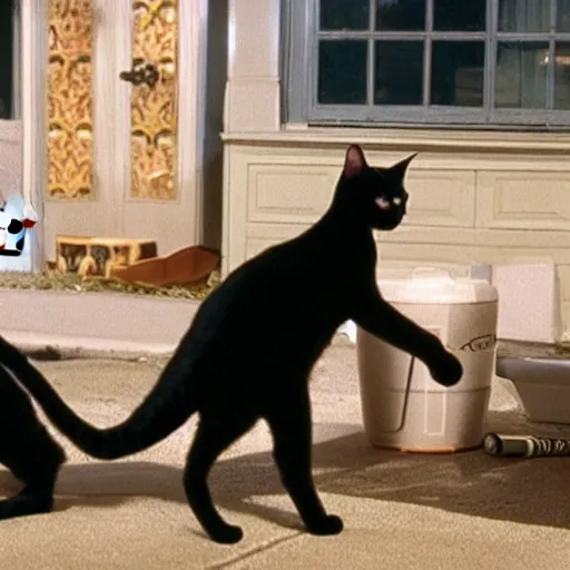 Prompt: a still of the cat shootout from the buddy cop movie beverly hills cat 2, with eddie murphy