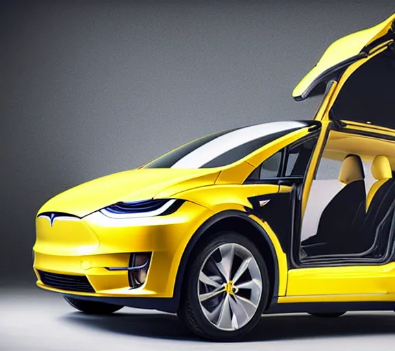 Prompt: a beautiful!!!!!!! studio photograph of a yellow-Tesla-Model-X; f/1.4; 90mm