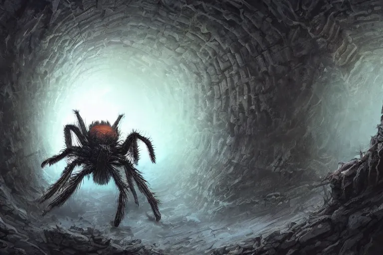 Prompt: a monstrous tarantula in a dark tunnel, cobwebs, in the style of ralph horsley, dramatic lighting, atmospheric, low angle, wide angle, hyper - realistic, concept art, highly detailed digital painting, trending on artstation