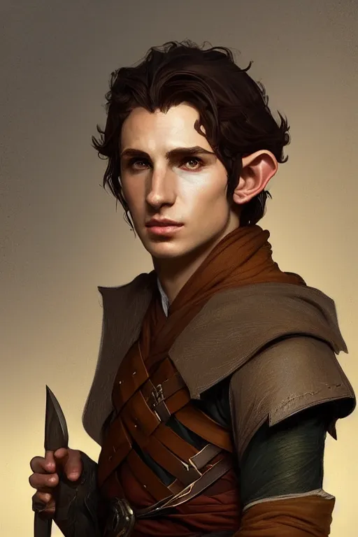 Image similar to portrait of a beautiful fit young elf male ranger, with fluent cloths, leather armor, by greg rutkowski and alphonse mucha, d & d character, gradient brown to white, autumn background, highly detailed portrait, digital painting, artstation, concept art, smooth, sharp focus illustration, artstation hq