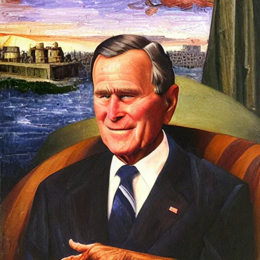 Image similar to George H.W. Bush destroys Iraq, oil on canvas, renaissance painting