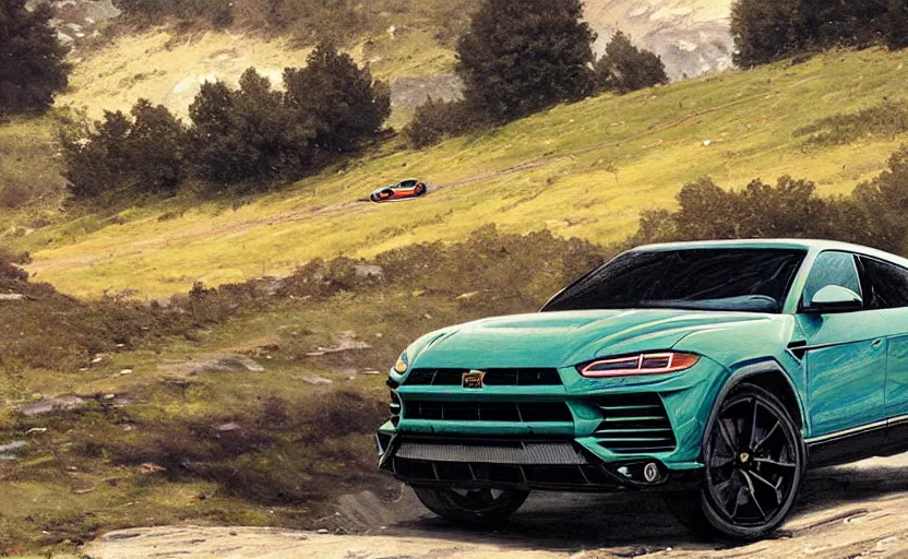 Prompt: urus supercar in montain, digital art,ultra realistic,ultra detailed, ultra wide Lens, art by greg rutkowski