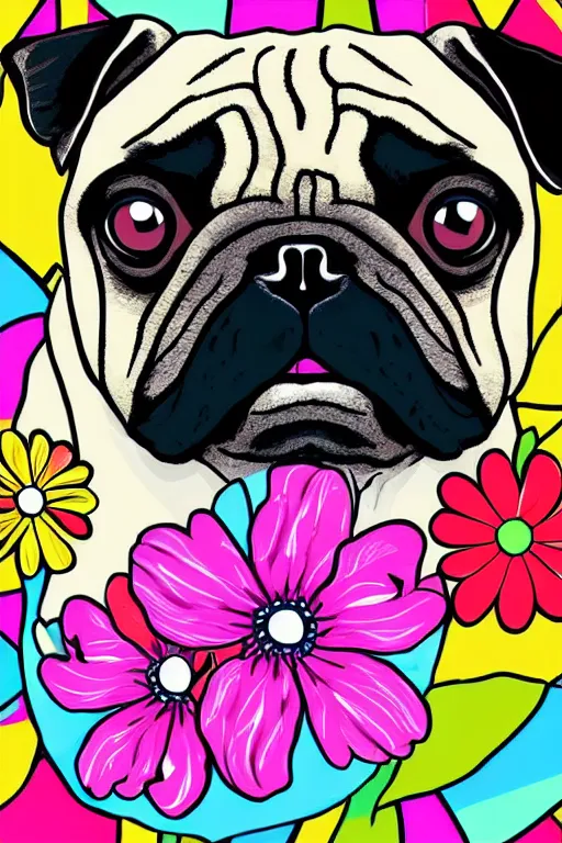 Image similar to portrait of a flower rambo pug, art by milka oxana, sticker, colorful, illustration, highly detailed, simple, smooth and clean vector curves, no jagged lines, vector art, smooth