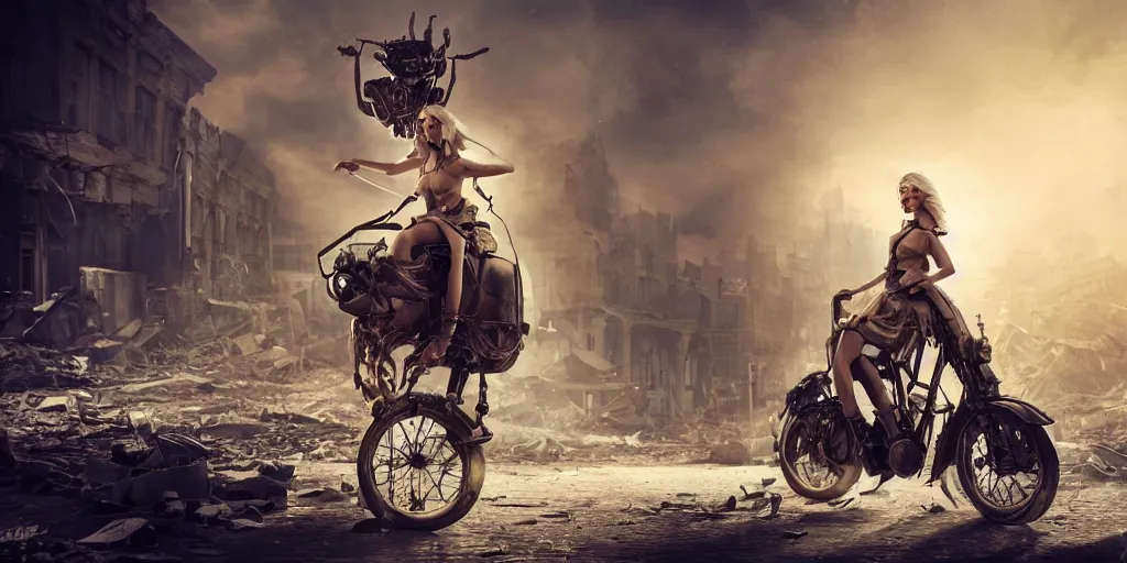 Prompt: a beautiful blond woman riding a giant steampunk ant in a destroyed city, 8 k, moody lighting, shallow depth of field,