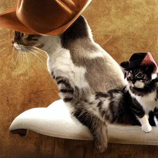 Prompt: a cat riding on a dog's back. the cat is wearing a cowboy hat. hd photograph.