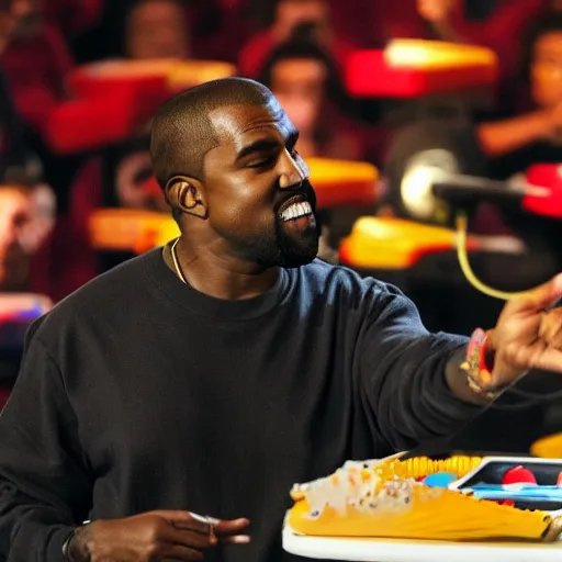 Image similar to kanye west performing a live concert inside of a mcdonalds playplace