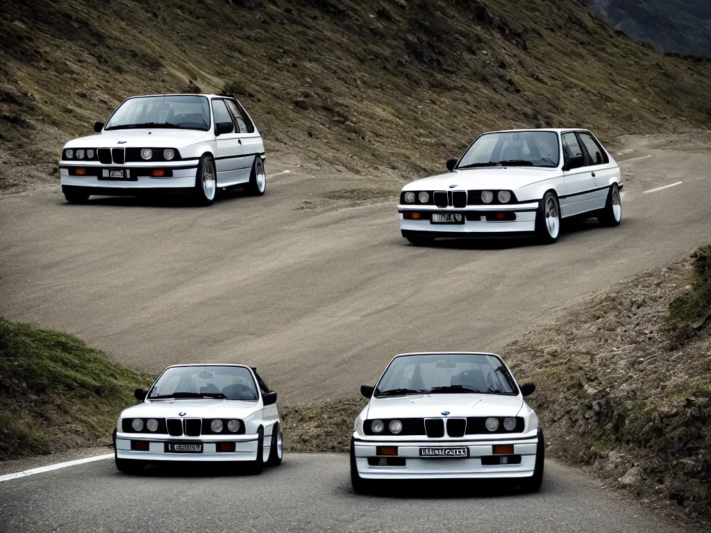 Prompt: a modified bmw e 3 0 with lights on a mountain road, motion blur, 3 5 mm photography, car photography, clean lines, realistic