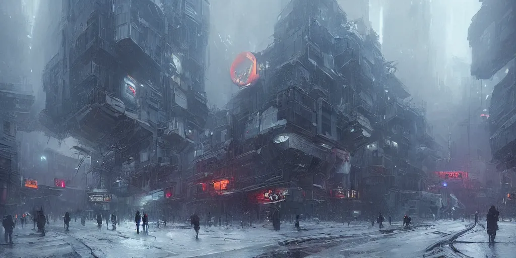 Image similar to cyberpunk depiction of the city of gdansk during arctic conditions by greg rutkowski