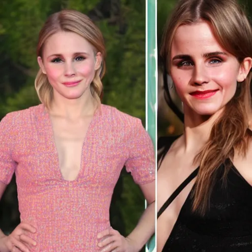 Image similar to a woman who is a genetic combination of kristen bell and emma watson face and upper - body focus