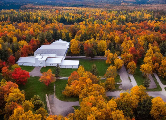 Image similar to low drone shot of a beautiful ranch style School campus in the middle of the Woods during autumn